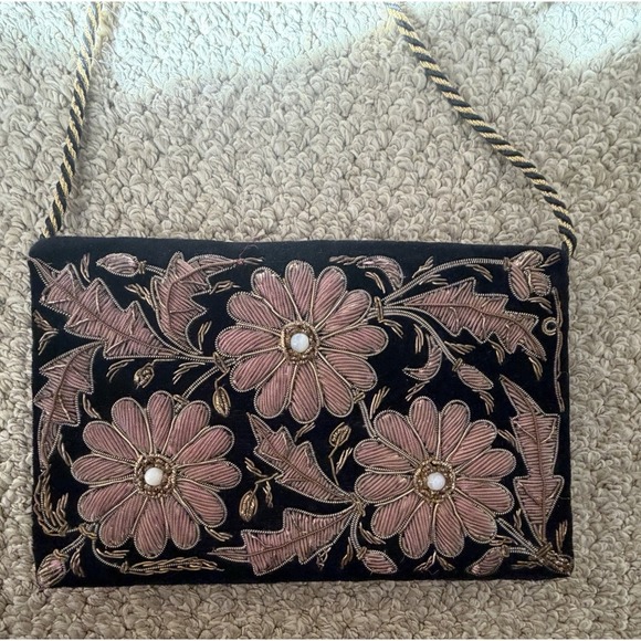 Vtg Zardozi Handmade Velvet Evening Purse Clutch with Gemstones Flowers Pink